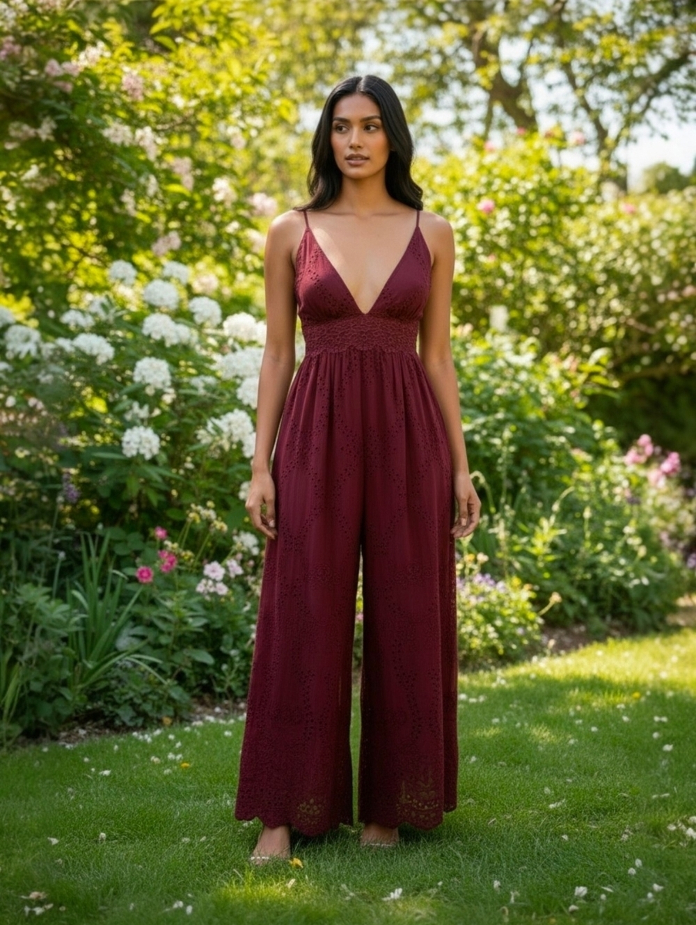 Gianni Bini Jumpsuit Burgundy Lace Sleeveless Deep V Neck One Piece Pants Romper